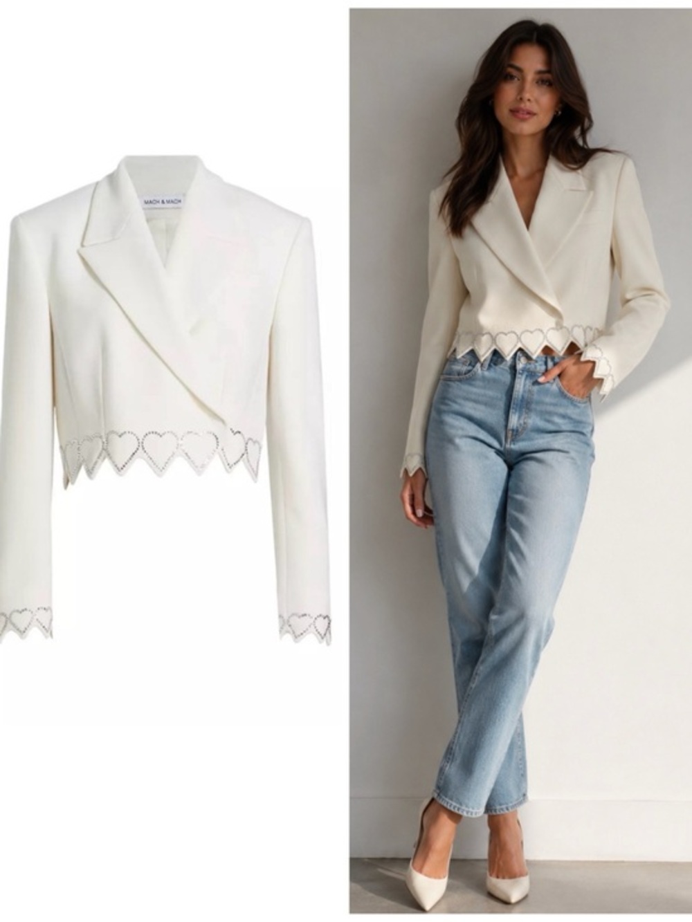 Mach & Mach Embellished Crystal Heart Crop Wool Blazer Ivory Size US 6